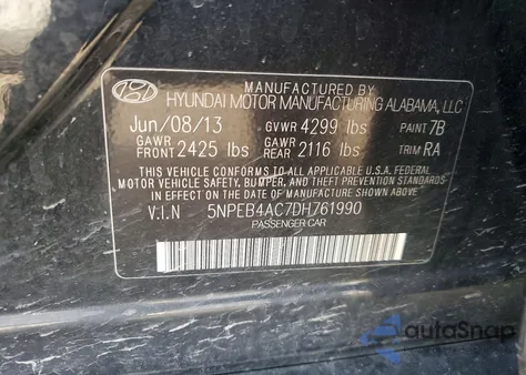 2013 Hyundai Sonata Gls z USA, uszkodzony, nr VIN 5NPEB4AC7DH761990